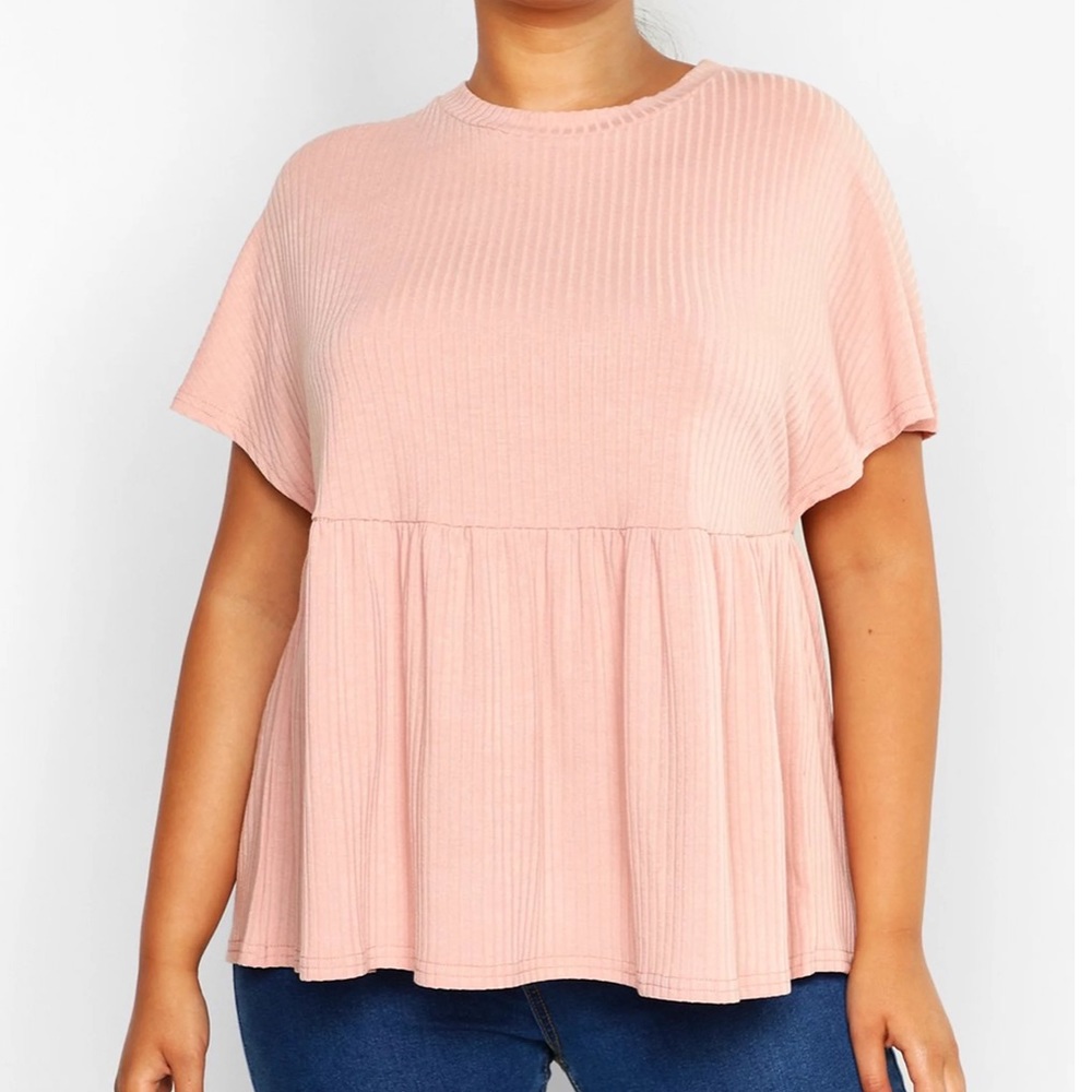 Boohoo Plus Mauve Ribbed Peplum Soft Smock Top